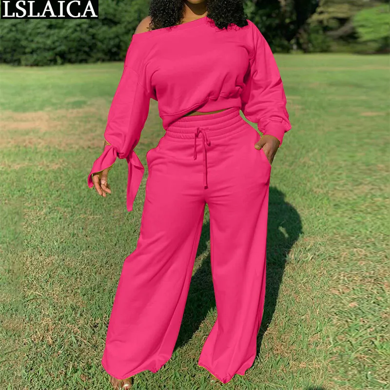 İki parçalı Takım Elbise Moda Artı Boyutu Sonbahar Kış 2 Parça Set Kadın Kıyafet Salonu Uzun Kollu Kırpma Üst Geniş Bacak Pantolon Setleri 210520 Giymek