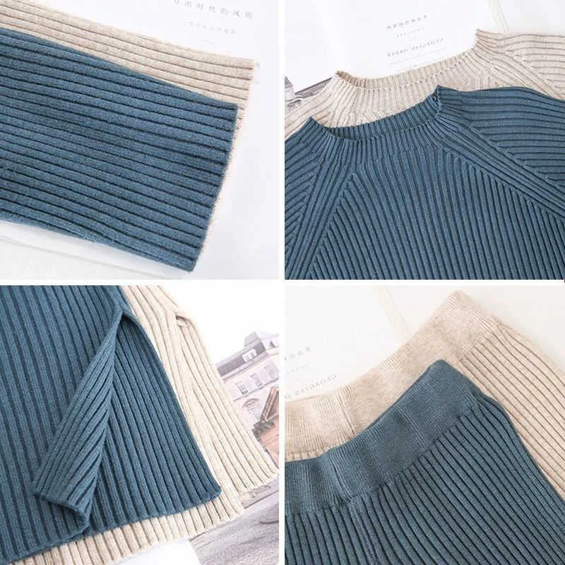 Zwart gebreide tweedelige pakken winter dames dikker warme pullover trui+hoge taille losse brede been broek set mode blauw 210619