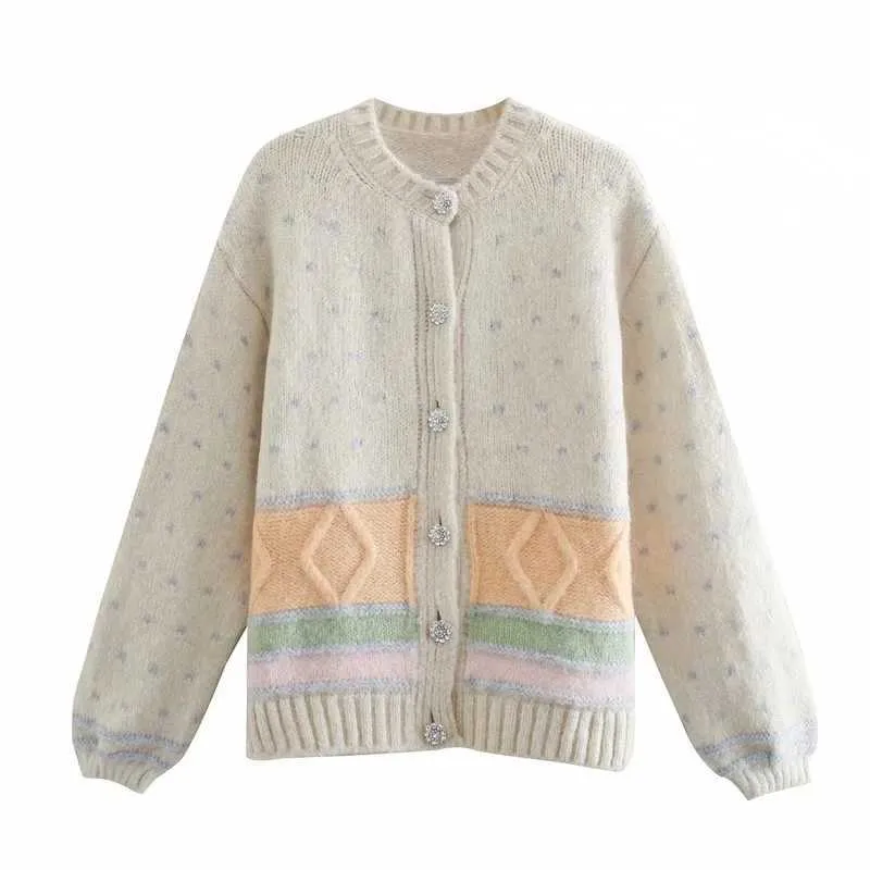 Za Kvinnor Höst Stickad Butto Decorati Loose Knit Sweater Coat Retro Print V Neck Strikkad Cardigan Xitimeao 210602