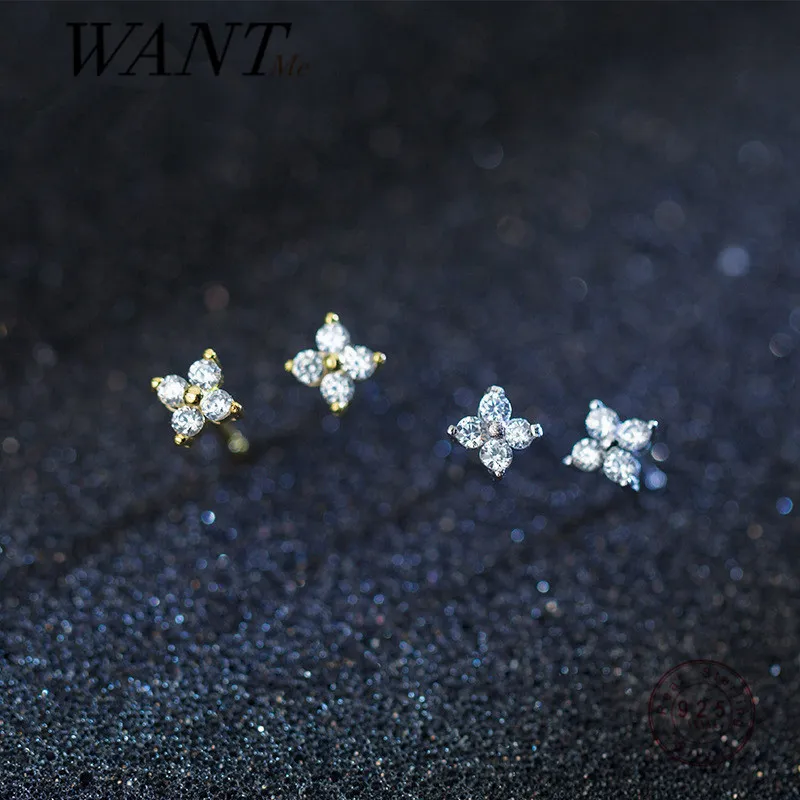 WANTME Gerçek 925 Ayar Gümüş Minimalist Beyaz Zirkon Dört Yapraklı Yonca Mini Küçük Saplama Küpe Kadınlar için Genç Kız Takı 210507