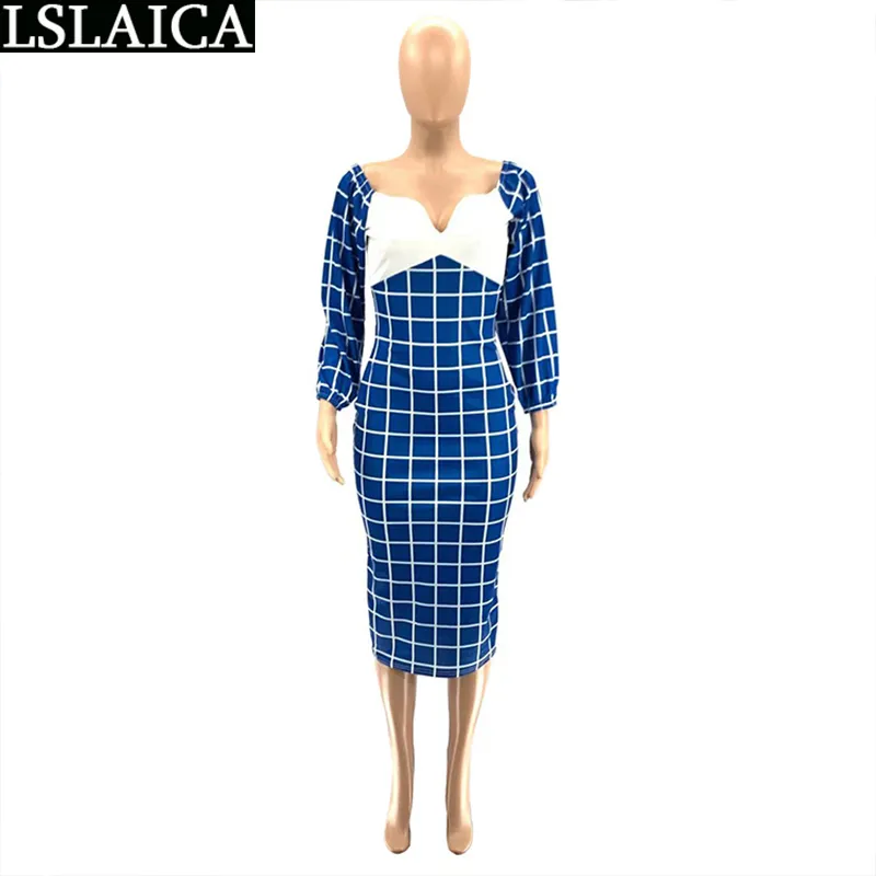 Midi Dress Off Shoulder Plaid Slanke Sexy Patchwork Vintage Mode Party Casual Lange Mouw Es voor Dames Herfst 210515