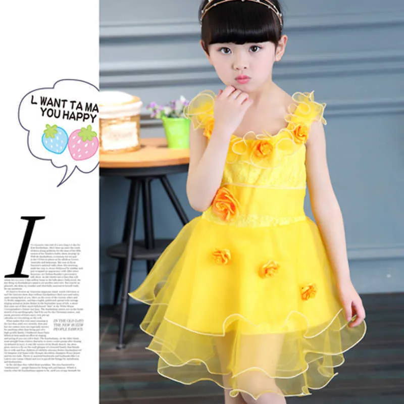 LOVE DD&MM Girls Dresses Summer Children's Wear Girls Sweet Flowers Mesh Lace Stitching Sleeveless Princess Dress 210715