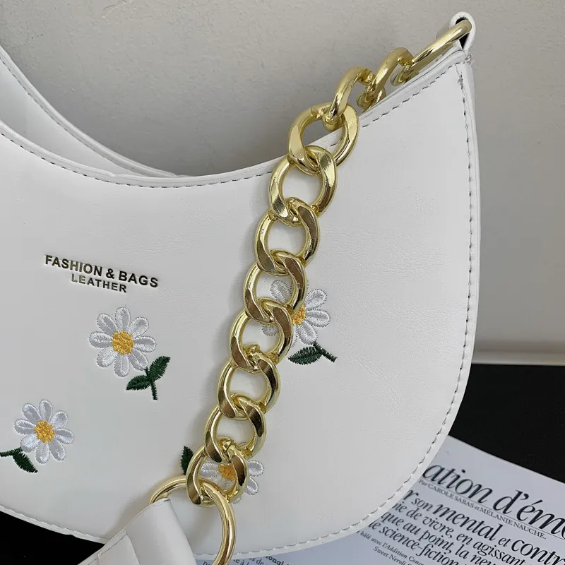 Embroidery Floral Shoulder Bag Moon Chain Women Summer Beach Handbag Branded Designer PU Leather