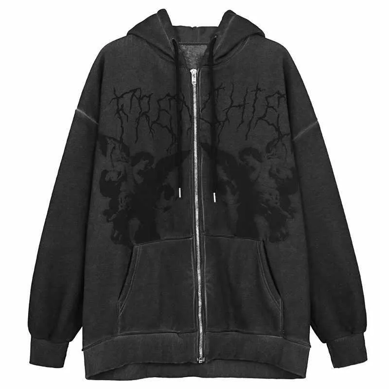 Hoodie Angel Fairy Grunge Dark Print Cool Куртка Пальто Женщины Хип-Хоп Улица Harajuku Аниме Толстовки Пальто на молнии Y2K Punk Girl 210813