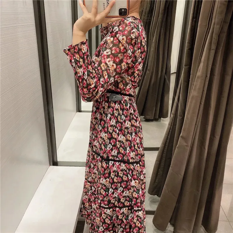 Floral Print Midi Sukienka Kobiety Vintage Kontrast Velvet Bands Wzburzyć Szyfon z długim rękawem Damska impreza 210519