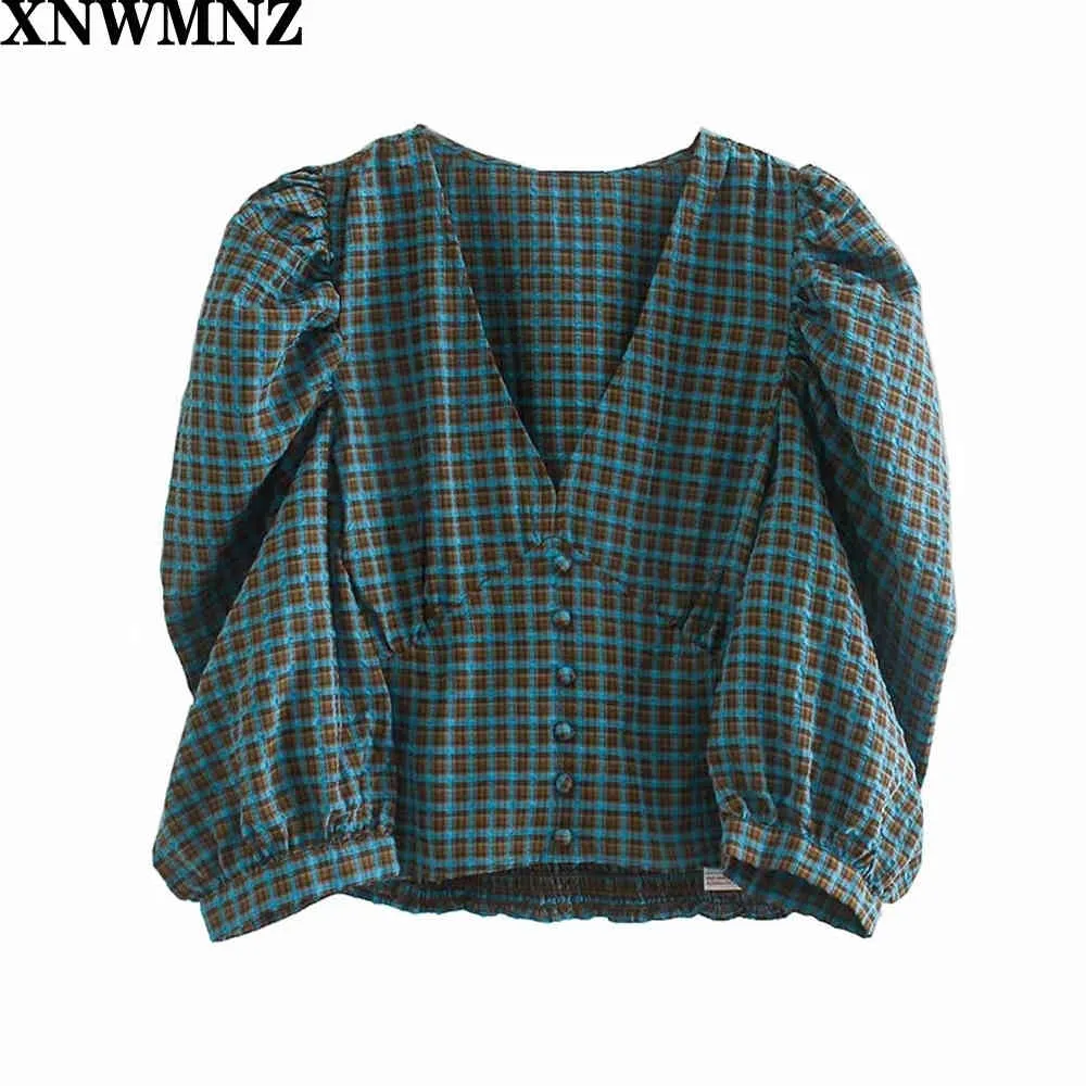 Chic Green Fashion ZA Женщины рубашка V-образным вырезом слоеного рукава плед короткие вершины Дамы повседневная стильная тонкий британский стиль футболки Vestidos 210510