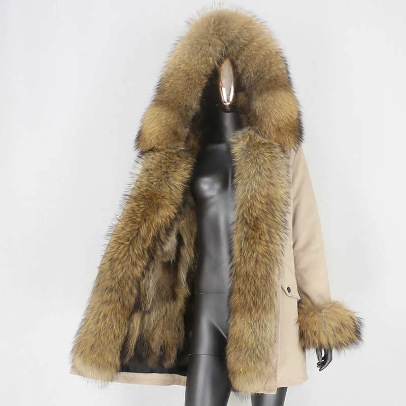 CXFS longue ajouter avant fourrure et poignets détachable Parka veste d'hiver femmes capuche réel naturel fourrure de raton laveur épais chaud survêtement 211019