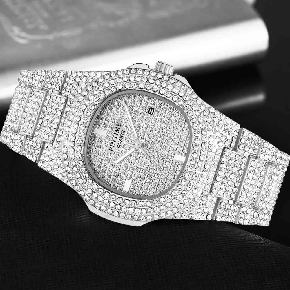 Envío de gota Diamond Iced Out Watch Men Hip Hop Quartz Gold Mens Relojes Top Marca de lujo Steel Clock Relogio Masculino 210329
