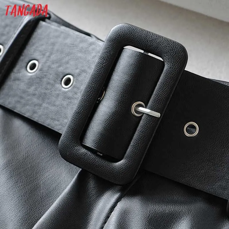Tangada Damen schwarze Kunstleder-Anzughose, hohe Taille, Schärpentaschen, Büro-Damen-PU-Lederhose 6A05 210609