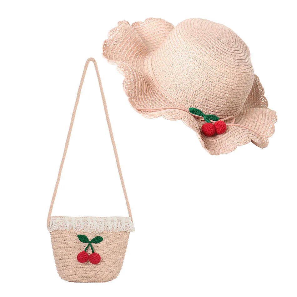 Enfants été chapeau de soleil 54CM filles enfants chapeaux de plage sacs fleur chapeau de paille casquette fourre-tout sac à main sac costume 211023