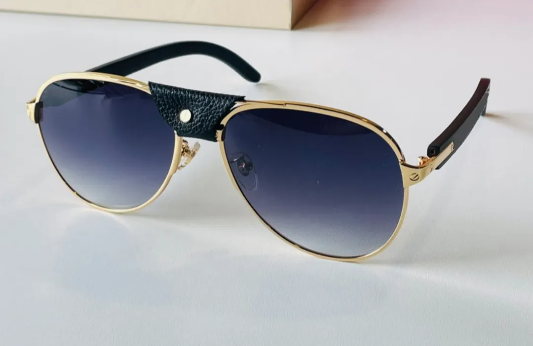 Vintage Pilot Sonnenbrille Blaue Verlaufsgläser Holz Gold Metall Brille für Herren Mode Brillen Accessoires mit Box238n