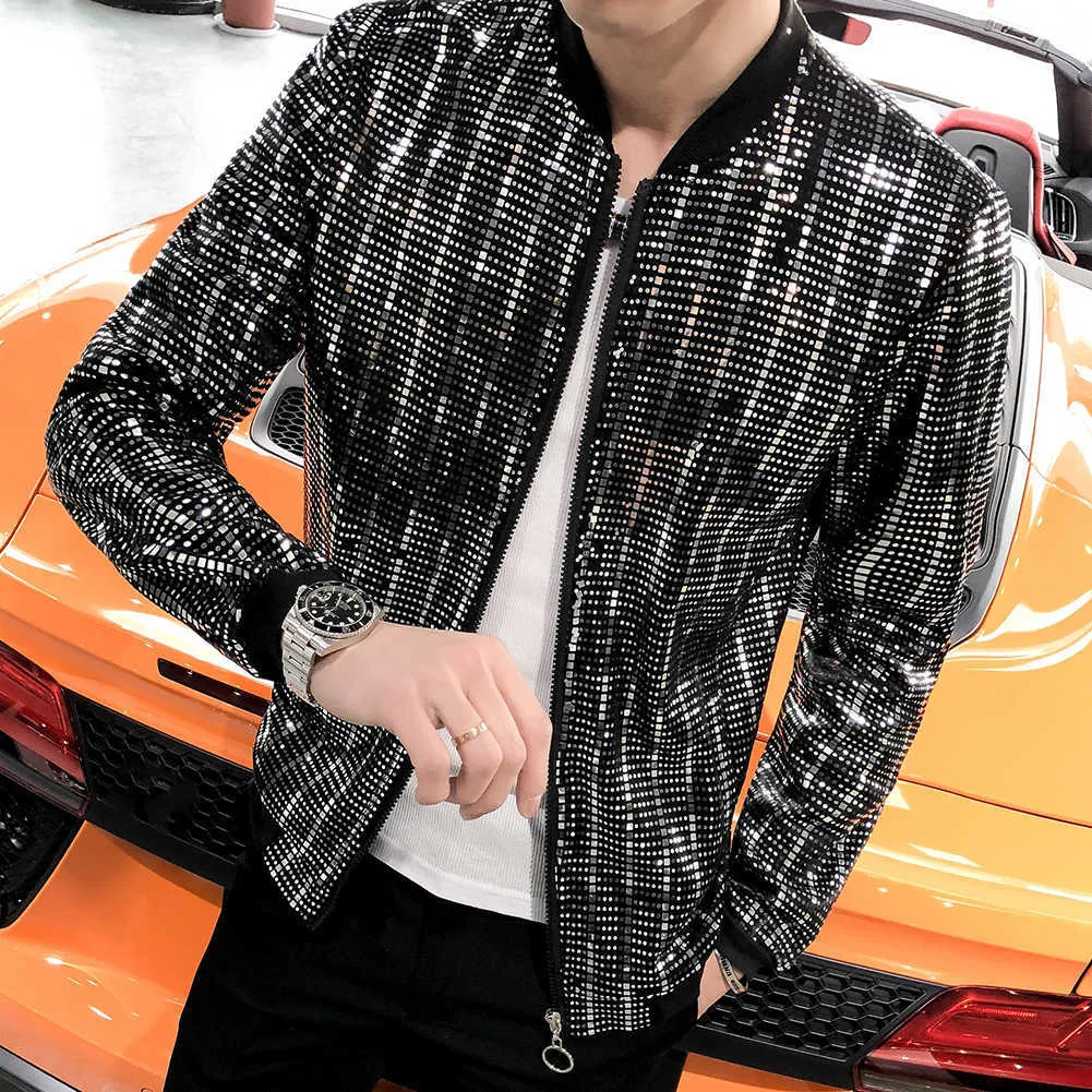 2020New Sequined Bomber Jacket Men Glänsande Sequins Långärmad Glitter Zipper Coat Hip Hop Loose Night Club Stage Streetwear Coats X0621