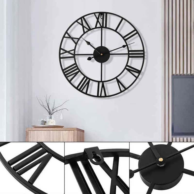40cm大きい屋外ガーデンの壁掛け時計ノルディックメタルローマ数字壁時計レトロな鉄の円形の顔ブラックホームオフィスの装飾H1230