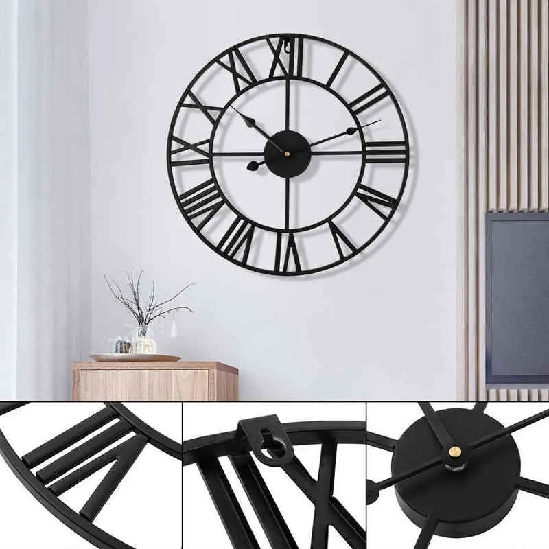 40cm Large Outdoor Garden Wall Clock Nordic Metal Roman Numeral Wall Clock Retro Iron Round Face Black Home Office Decoration H1230