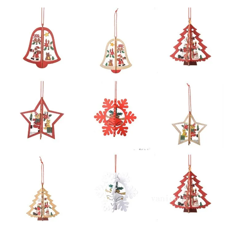 Ciondolo albero di Natale Legno Hollow Fiocco di neve Pupazzo di neve Campana Decorazioni appese Colorful Home Festival Ornamenti natalizi appesi T2I52561