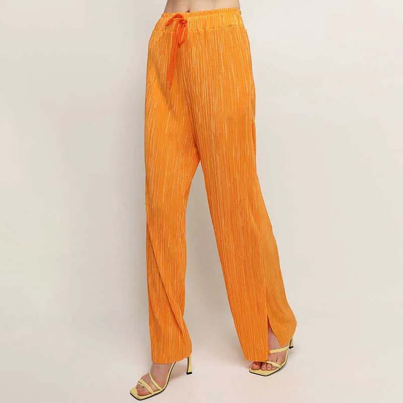 Streetwear pantaloni a pieghe arancioni spaccati pantaloni donna casual elastici a vita alta pantaloni dritti donna autunno Mujer Pantalones Q0801