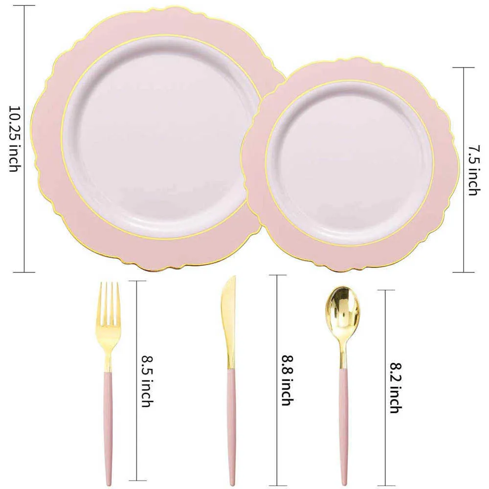 일회용 식탁기 핑크 그린 플라스틱 플레이트 고급 웨딩 어머니의 날 파티 용품에 적합한 금 모서리 2982