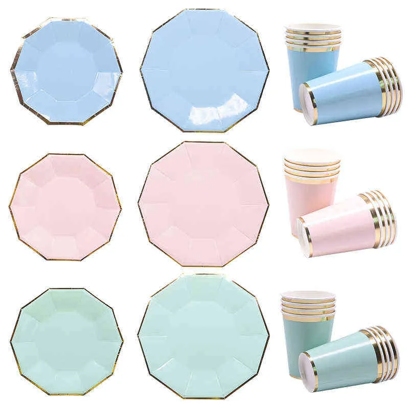 Green Pink Blue Paper Plates Cups Disposable Tableware Set for Wedding Birthday Party Baby Shower Supplies Gold Decor 211216