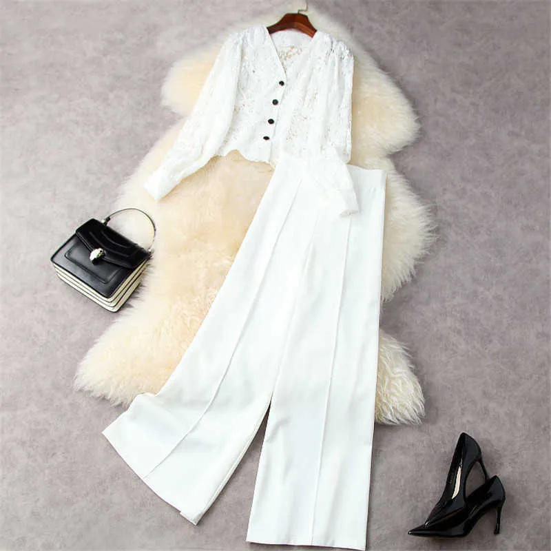 Summer Office Lady Set Women Elegant Lantern Sleeve Cardigan Lace Shirt+Wide Leg Pants Suit White Outfits 210601