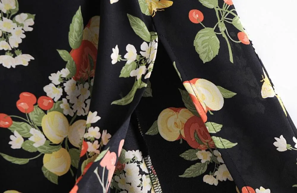 Весна Франция Винтажный квадратный воротник слойки с коротким рукавом цветок печать MIDI платье женские галстуки лук ютные рухнутые подол щетки 210429