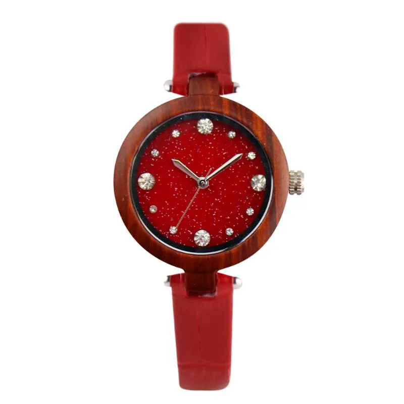 Wristwatches Women Wood Watch Rhinestone Diamond Small Leather Band Ladies Watches Bamboo Wooden Wristwatch Female Clock Relogio M297h