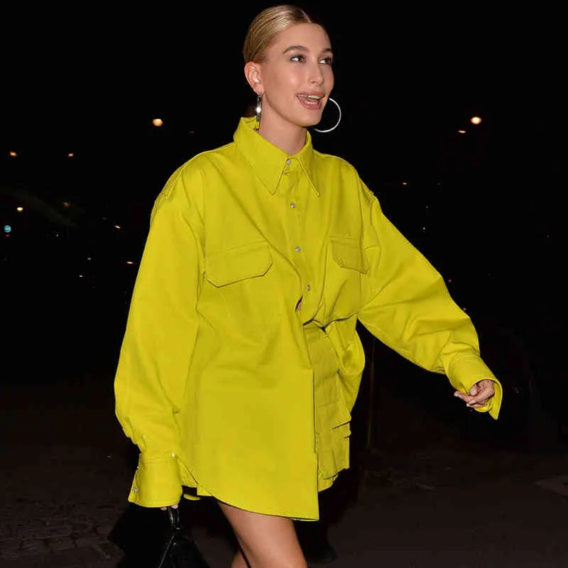 Gelbgrün Langarm Plus Size Hemd Doppeltaschen über Minirock Anzug Frauen Mode Flut Frühling GX152 210421