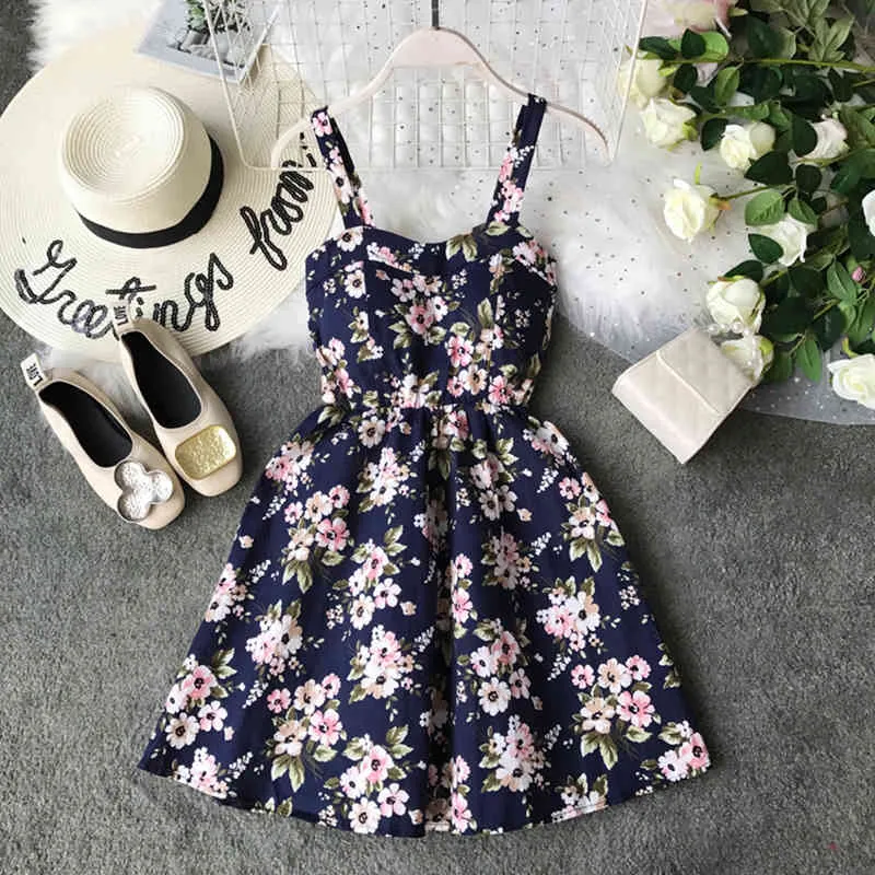 Summer Printed Spaghetti Strap Dress Floral Vest Cyber Celebrity A-line Slim Beach Short with Chest Pad ML830 210506