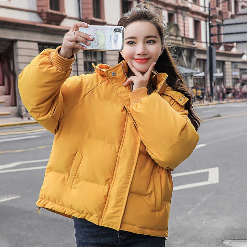 Kore tarzı kış kadınlar aşağı ceket boy gevşek kapşonlu kadın kirpi ceketler kısa yastıklı katı bayan ceket 211013