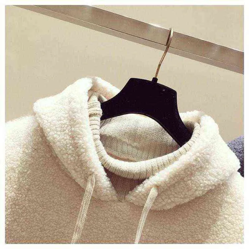 Winter Apricot Lamb Wool Women Hoodie Sweatshirt Harajuku Fake Two Knitted Collar Coat Lady Embroidery Letter Whate Yer Pullover 211109