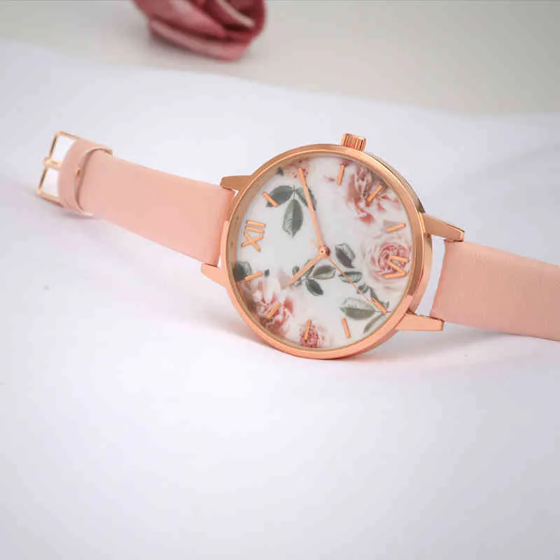 Rose Flower Dial World Watch Japan Beweging Roze Strap Mode Design Huwelijksgeschenk