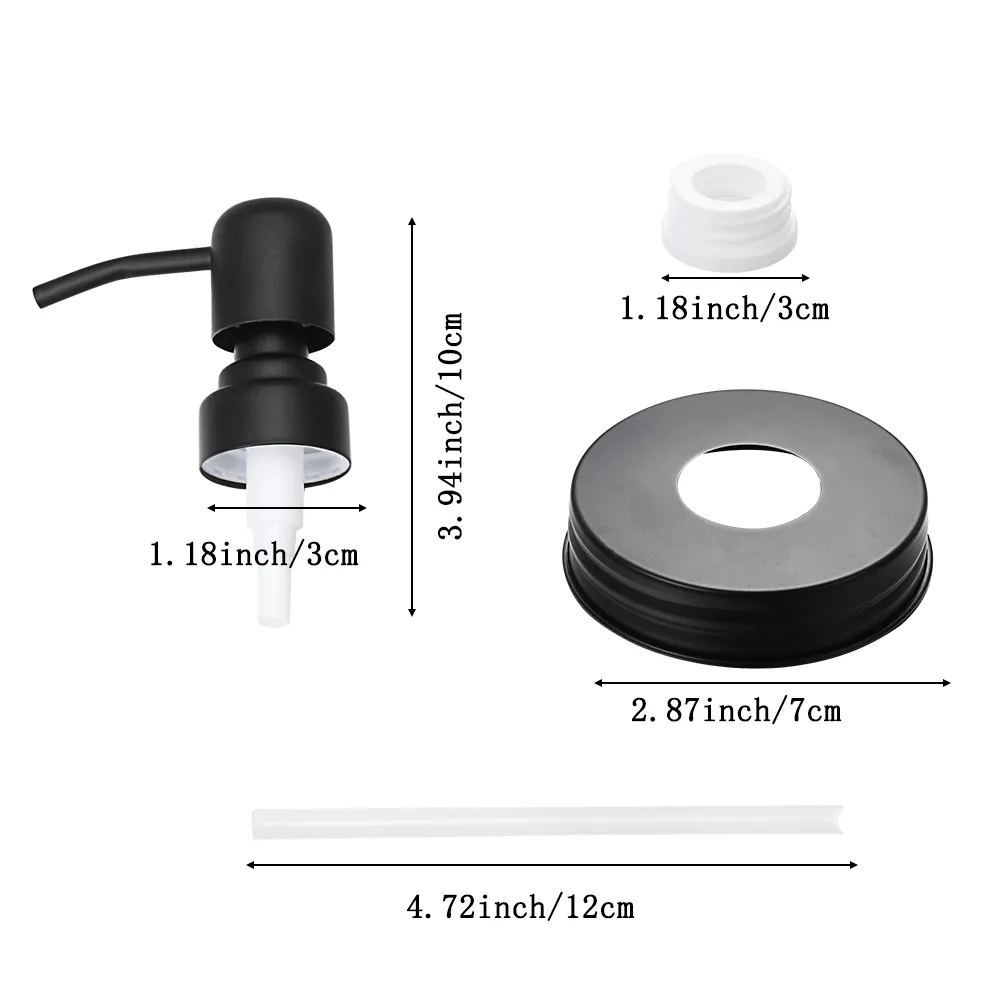 Einmachglas, schwarze Edelstahlmaterialien, Pumpversiegelung, Glaskappen, Flüssigseifenspender, Stahlflaschendeckel
