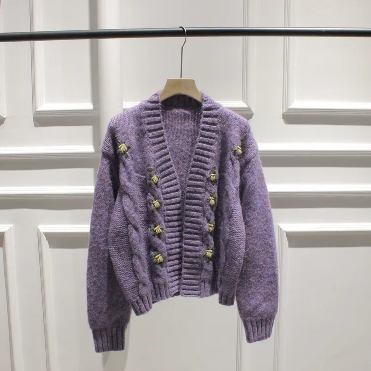 Женские повседневные свитер и кардиганы открытые стежка цветочные вышивка уличная одежда Chic Tops Purple Sweet Knit Poncho 210430