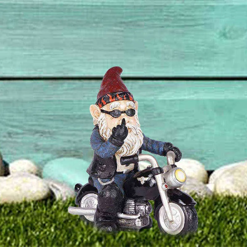 Nain de jardin Ornement Sculpture amusante Décor Vieil homme avec une moto Statues pour intérieur extérieur Maison ou bureau Cadeau créatif 211101