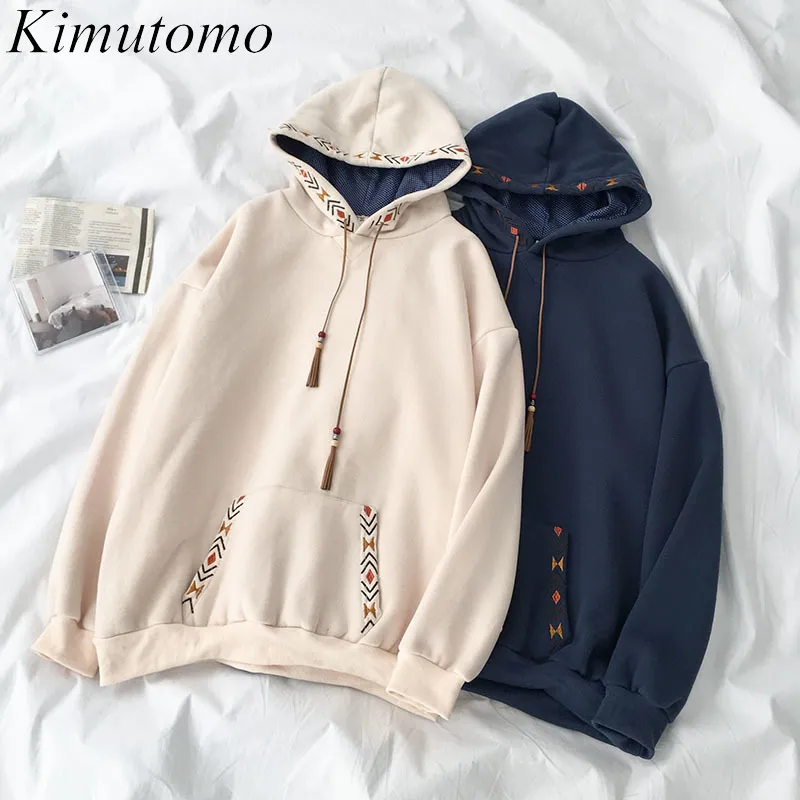 Kimutomo mode vår broderi hoodies kvinnor långärmad fasta ficka pullovers damer outwear casual koreanska chic 210521