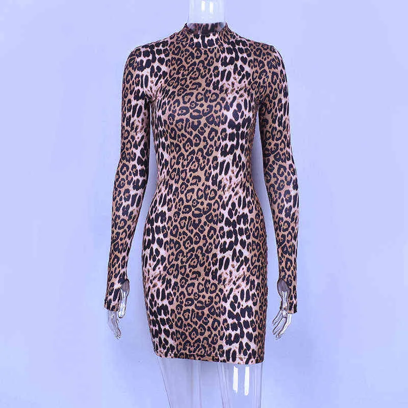 Hugcitar Long manches haut col léopard print Sexy Baldycon Mini robe 2019 Automne Hiver Femmes Fashion Noël fête des vêtements Y1204
