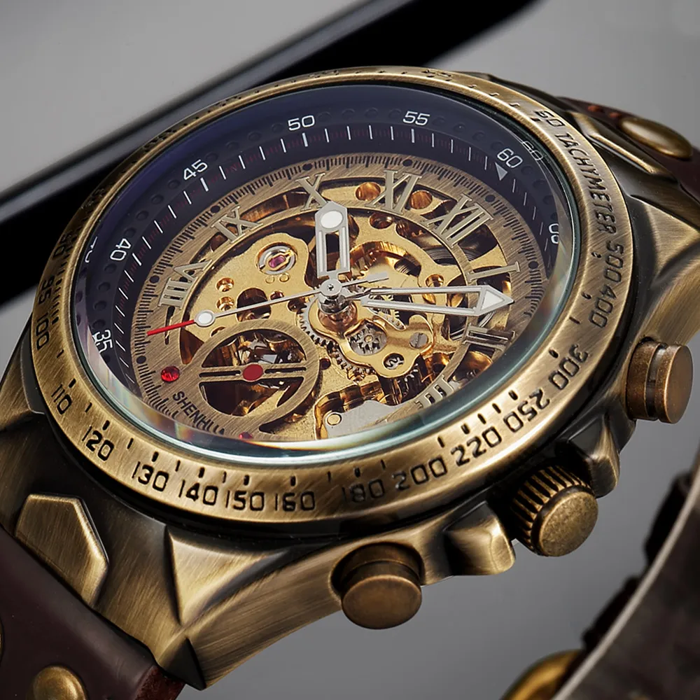 革製の機械時計男性自動スチームパンクウォッチメンズスケルトンウォッチブロンズ透明なビンテージスポーツ腕時計