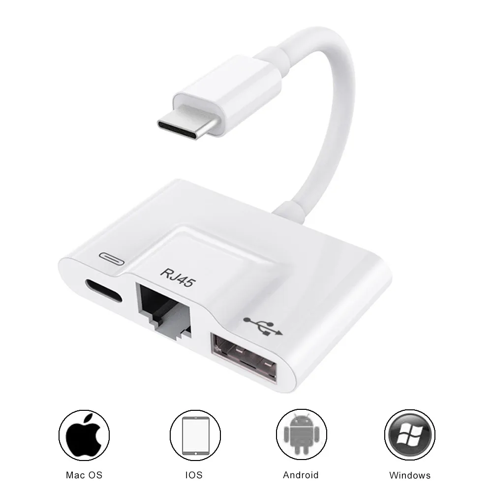 USB C إلى محول شبكة شبكة LAN RJ45، اكتب C إلى USB 3 قارئ الكاميرا الرقمية مع منفذ شحن USB C للحصول على باد برو بكسل 3 / 3XL