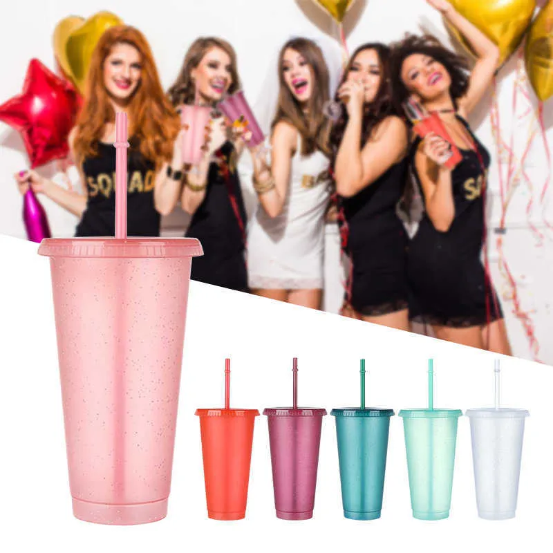 Reusable Flash Powder Tumbler With Lid Matte Finish Straw Cup mug DIY Plastic Cold Water Bottle Coffee Mug Outdoor Swim Party Gift