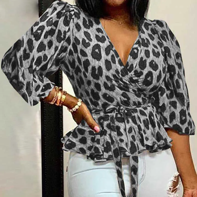 Femmes Blouses Élégant Bureau Tunique Chemise Sexy Col V Profond Imprimé Léopard Ceinturé Mode Tops Volants Blouse Femmes Sexy Tops 210715