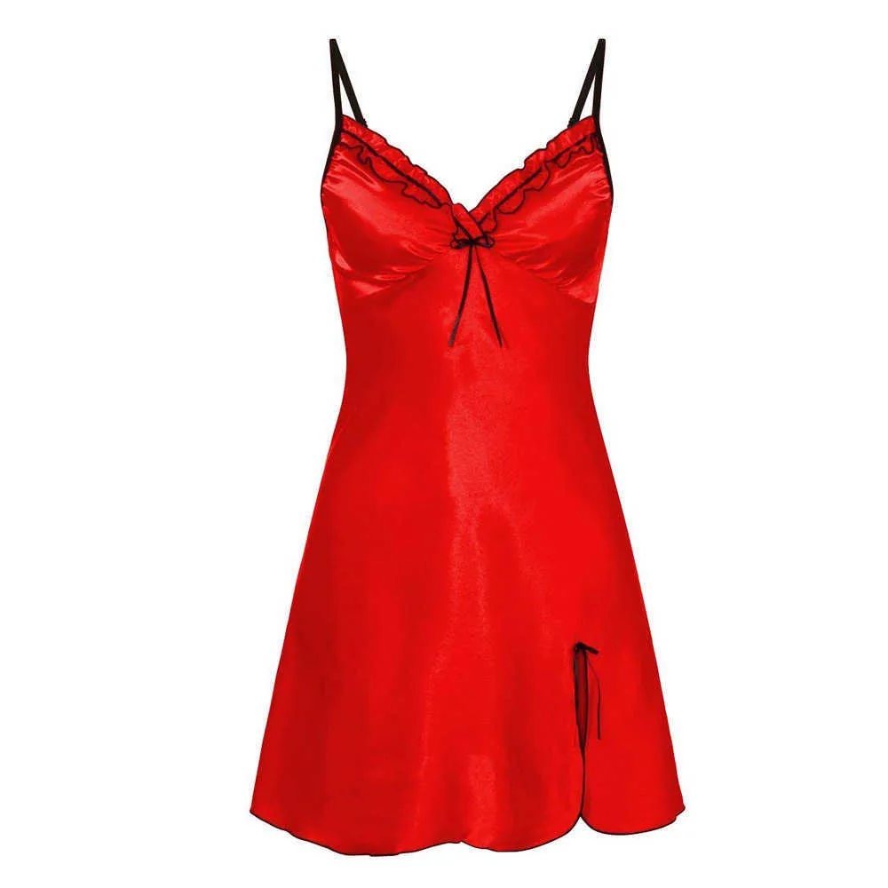 Damen Nachthemd Rote Dessous Sexy Satin Wear Sleepshirts Kleid Nachtwäsche Durchsichtig Plus Size 210924