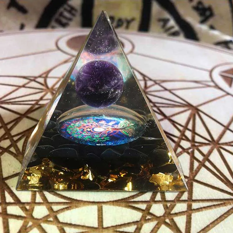 Pyramide d'orgonite 60mm Sphère de cristal d'améthyste avec obsidienne Cristal naturel Pierre Orgone Énergie Guérison Reiki Chakra Multiplicateur 210804