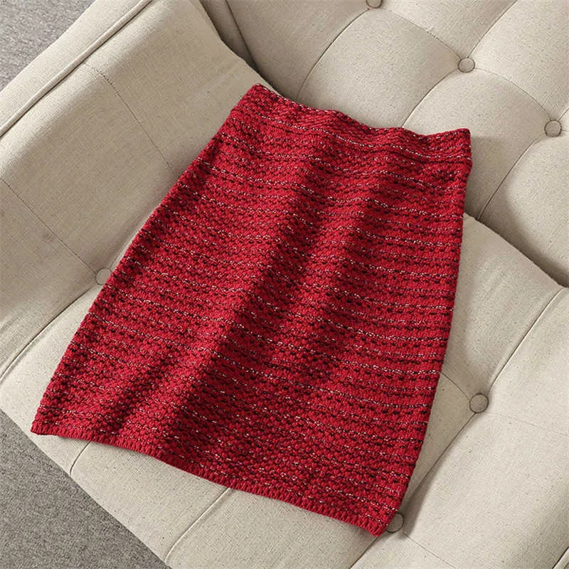 Hoge Kwaliteit Lente Mode Baan Twee Stuk Outfit Dames Gebreide Sweater En Rok Pak Office Lady Red Party Twinset 210601