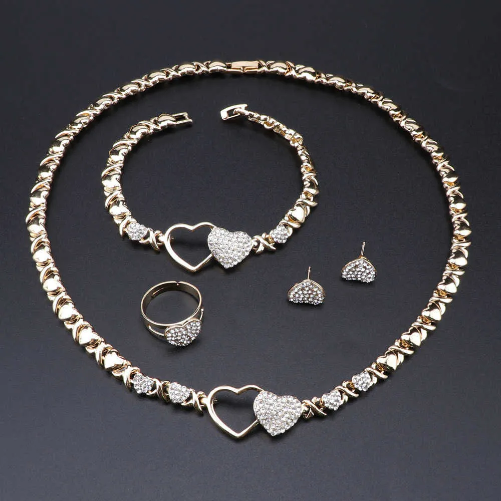 Jóias de cor de ouro indiano conjuntos de coração em forma de colar bracelete brincos anel festa elegante mulheres luxo jóias presente de aniversário H1022
