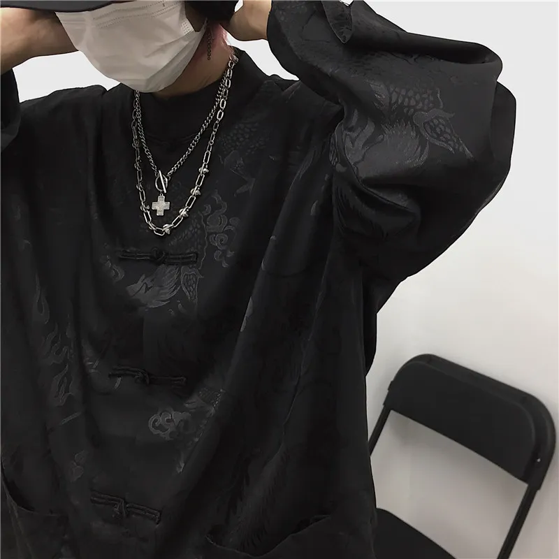 Women Man Blouse Dragon Print Harajuku Streetwear Chinese Style Stand Collar Buckle Vintage Black White Shirt Blusas 210422