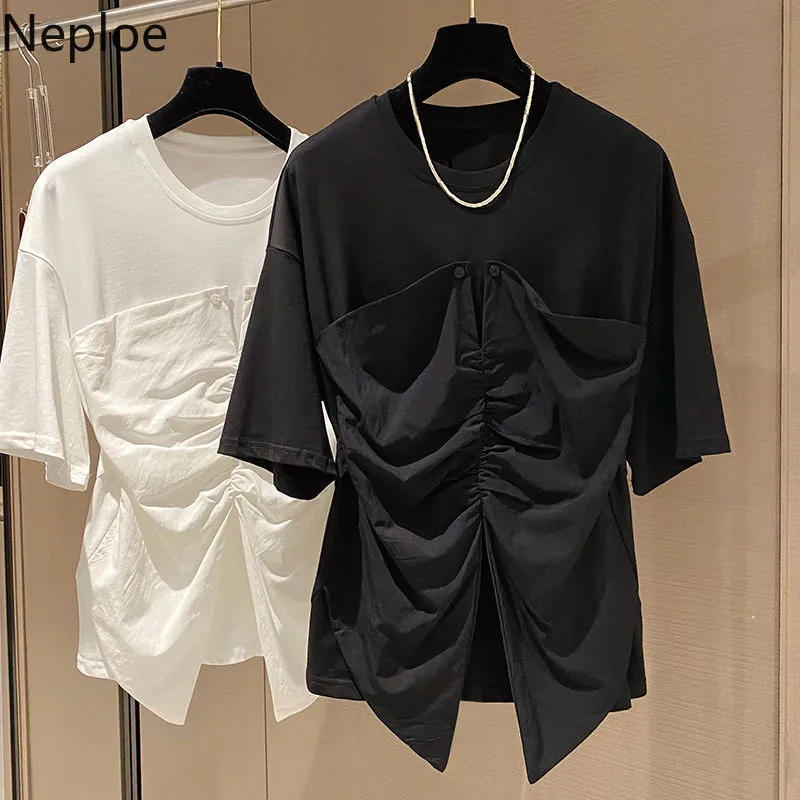 Neploe Camisas Femininas Loose Patchwork Summer Tshirt O-neck Manga Curta com Renda Tees Coreano Chic Plissado Branco Tops Feminino 210422