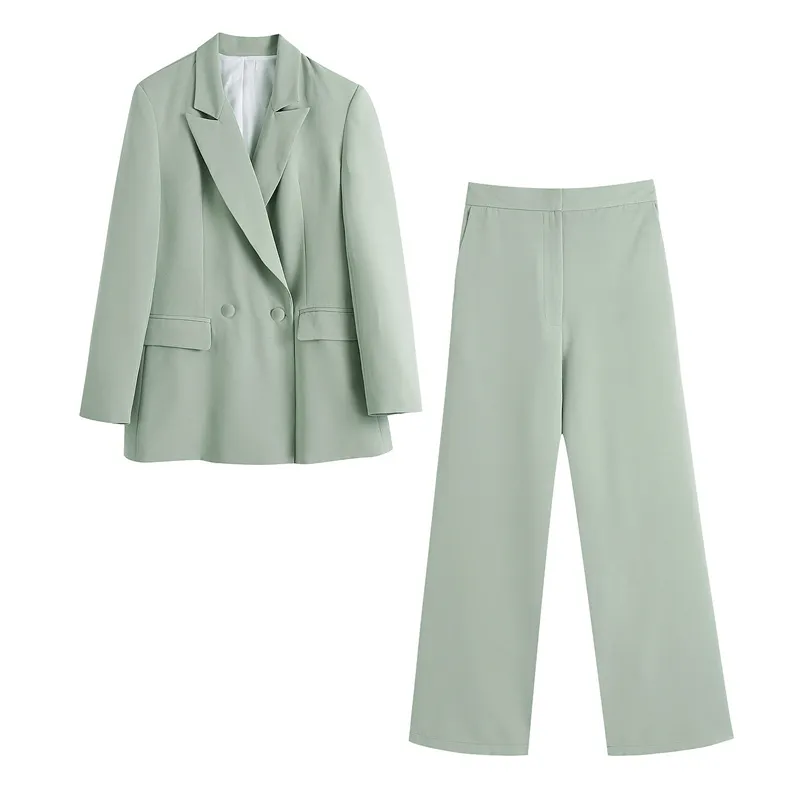 Costumes de blazer vert à double boutonnage pour femmes élégantes 2 pièces costume bureau dame vintage mode ensemble femme 210430