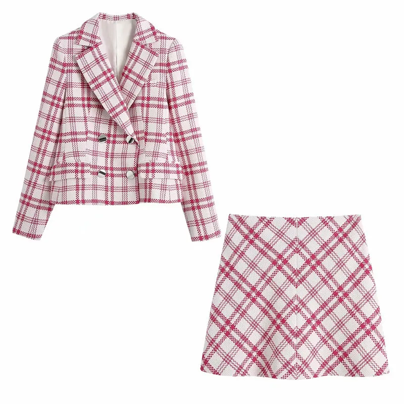 Skirt Suits 2 peças Set Mulheres Rosa Manta Manga Longa Cropped Blazer Escritório Elegante Cintura alta Mini 210519