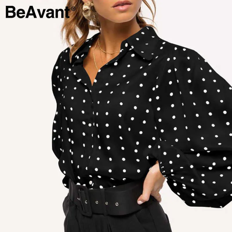 BeAvant Fashion dot loose women's top Bubble Sleeve Chiffon Long Sleeve Shirt High street style Lapel top autumn winter 210709