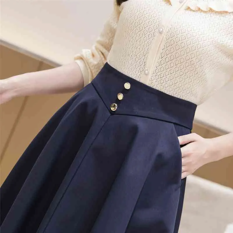 Vintage Women's A-line Skirts Fashionable High Waist Button Decoration Swing Umbrella Midi Female 210428