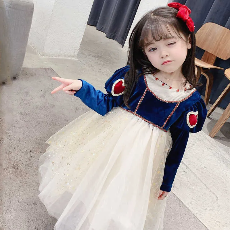 Girls Dress Gold Velvet Love Princess Dresses For Year Autumn Children'S Costumes Winter Long-Sleeve Christmas 210625